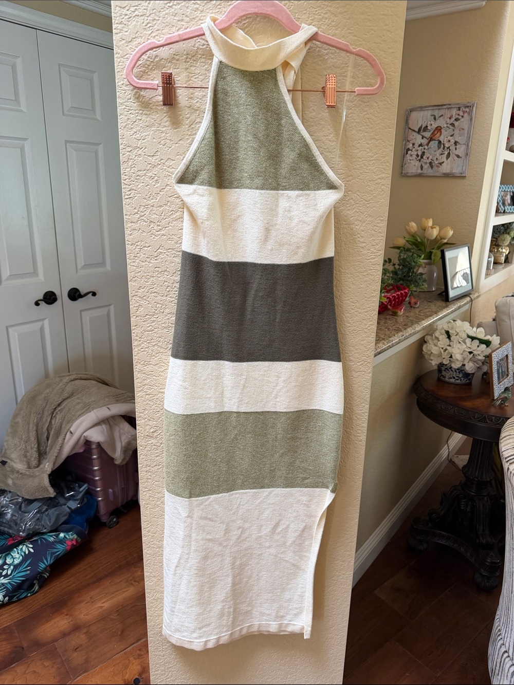 Bebe  Olive, Cream & Dark Gray Striped Halter Midi Dress